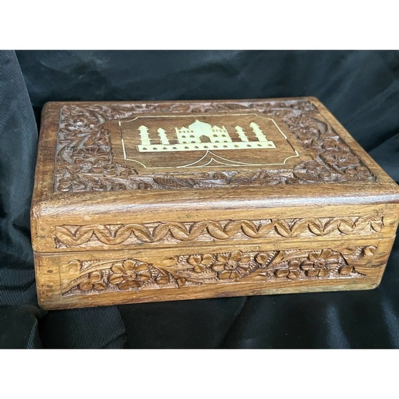 Hand Carved Wooden Box Taj Mahal Inlay Made In India By Archana Handicrafts 7" - Picture 8 of 11